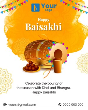 Baisakhi festival greeting with Dhol, sweets, and traditional decorations.