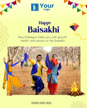 Baisakhi festival greeting with people dancing Bhangra and a kite.