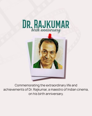 Portrait of Dr. Rajkumar with a pin and text commemorating his birth anniversary.