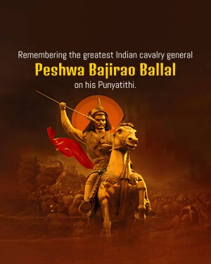 Illustration of Peshwa Bajirao Ballal on horseback with a battlefield background