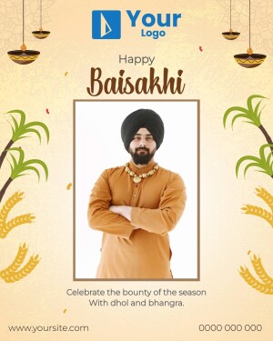 Baisakhi festival poster with a Sikh man and festive decorations