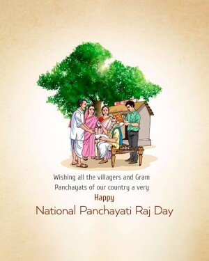 Illustration of a village scene with people and a tree, celebrating National Panchayati Raj Day.