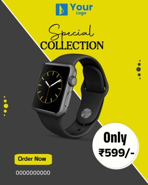 Black smartwatch with a yellow and gray promotional background