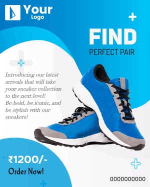 Blue sneakers with price tag and promotional text.