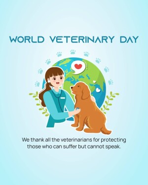 Illustration for World Veterinary Day featuring a veterinarian examining a dog with a globe in the background.