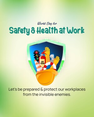 World Day for Safety and Health at Work poster with safety equipment