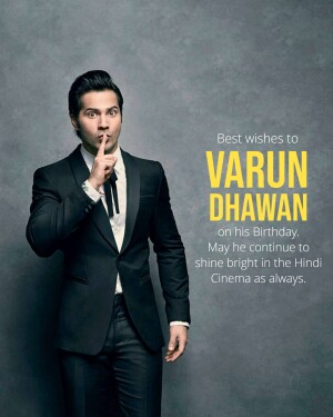 Varun Dhawan in a black suit with a 'shush' gesture and birthday wishes text.