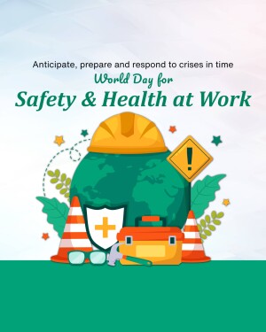 Illustration for World Day for Safety and Health at Work featuring safety equipment and a globe.