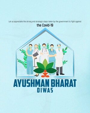 Illustration of healthcare workers inside a house shape with the text 'Ayushman Bharat Diwas'