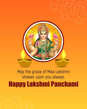 Image of Goddess Lakshmi with Diwali lamps and text 'Happy Lakshmi Panchami'