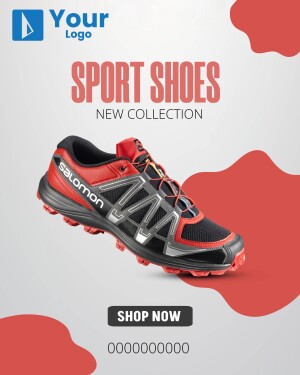 Salomon sport shoes advertisement with a red and white abstract background.
