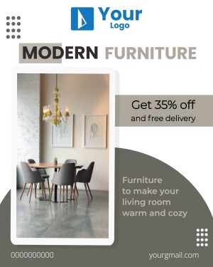 Advertisement for modern furniture with a 35% discount and free delivery.