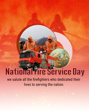 Image commemorating National Fire Service Day with firefighters and fire trucks.