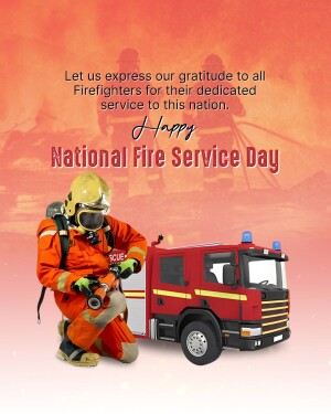 Image depicting a firefighter kneeling with a fire truck, celebrating National Fire Service Day.