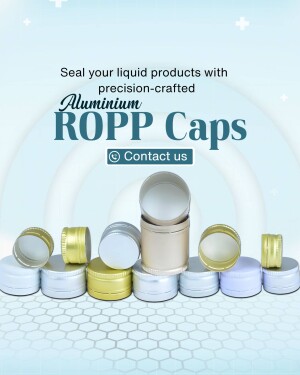 Close-up of various aluminum ROPP caps stacked on a reflective surface with promotional text.