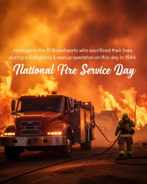 Fire truck and firefighter in front of a large fire, commemorating National Fire Service Day.