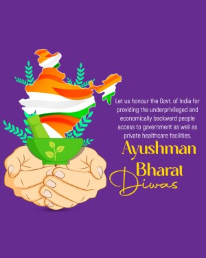 Illustration of hands holding a plant with the Indian flag shaped within, promoting Ayushman Bharat.