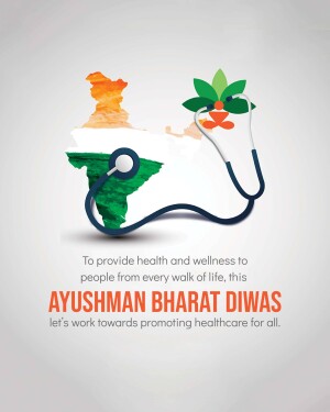Ayushman Bharat Diwas poster with India map, stethoscope, and leaves