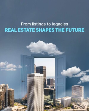 Open doorway revealing a cityscape with the text 'Real Estate Shapes the Future'