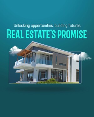 Modern house with blue and teal background promoting real estate opportunities.