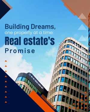 Modern skyscraper with text overlay promoting real estate services.