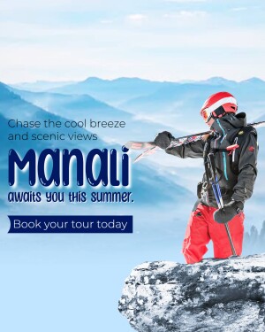 Skier on a mountain peak with Manali travel advertisement