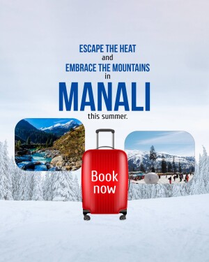 Travel advertisement for Manali, featuring a suitcase and mountain scenery.