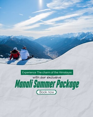 Two people sitting on a snowy mountain ridge overlooking a valley with text promoting a Manali Summer Package.
