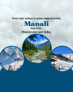Scenic view of Manali with snow-capped mountains, lush valleys, and a river.