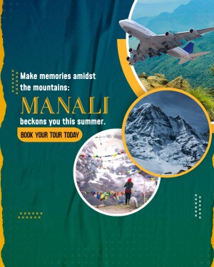 Travel poster for Manali, India featuring mountains, airplane, and scenic views.