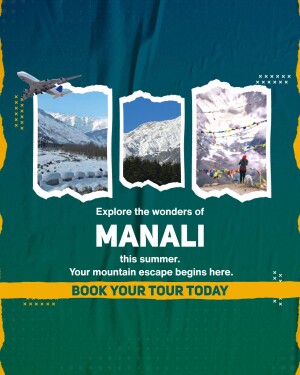 Travel poster for Manali, India featuring mountain landscapes and a plane.