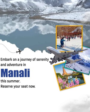 Travel poster for Manali, India featuring snowy mountains, airplanes, and local attractions.
