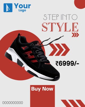 Black and red running shoes with price tag and call to action