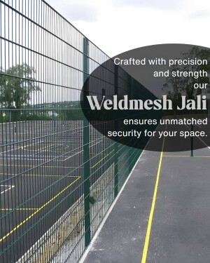Close-up of a Weldmesh Jali security fence with promotional text.