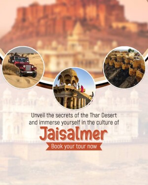 Jaisalmer travel poster featuring fort, desert safari, and cultural landmarks.