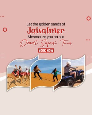 Promotional image for a desert safari tour in Jaisalmer, featuring camel rides and ATV adventures.