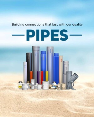 Assortment of PVC pipes and fittings against a blurred beach background with text 'Building connections that last with our quality PIPES'