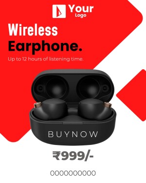 Black wireless earphones in charging case with red background and price tag