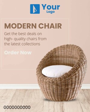 Advertisement for a modern wicker chair with a white cushion
