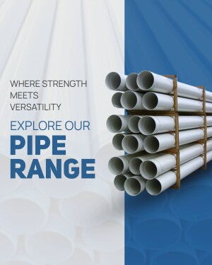 Stack of white PVC pipes with text overlay promoting pipe range.