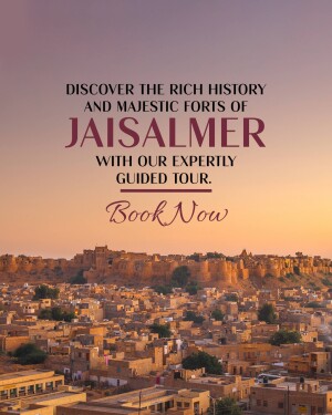 Panoramic view of Jaisalmer Fort with text promoting guided tours.