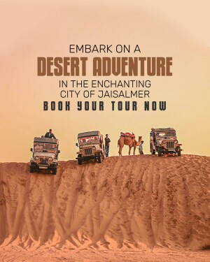 Jeeps and a camel in the desert with text promoting a tour in Jaisalmer