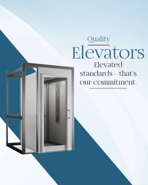 Modern glass elevator with the text 'Quality Elevators - Elevated standards - that's our commitment.'
