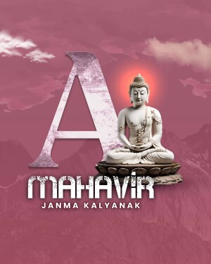 Image of Buddha with the letter 'A' and text 'Mahavir Janma Kalyanak'