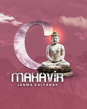 Image of Buddha in meditation with the text 'Mahavir Janma Kalyanak'