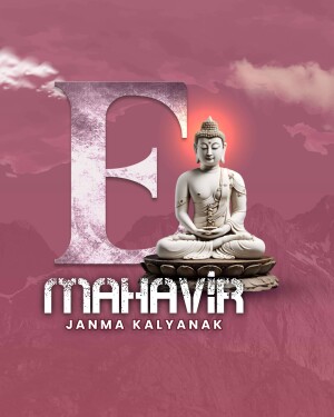 Image of Buddha with the letter 'F' and text 'Mahavir Janma Kalyanak'