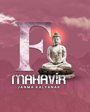 Image of Buddha statue with the letter 'F' and text 'Mahavir Janma Kalyanak'
