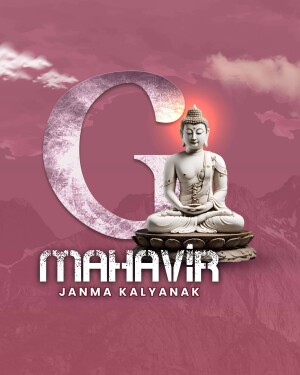 Image of Buddha with the letter 'G' and text 'Mahavir Janma Kalyanak'