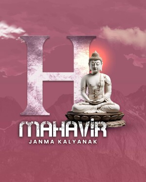 Image of Buddha statue with the text 'Mahavir Janma Kalyanak'