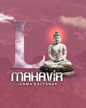 Image of Buddha in lotus position with the letter 'L' and text 'Mahavir Janma Kalyanak'